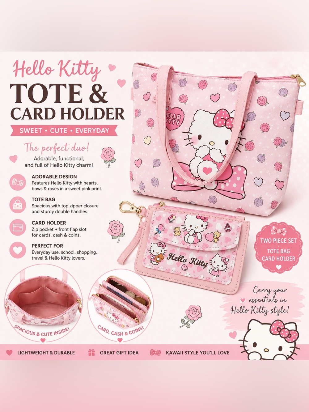 Hello Kitty Pink Tote Bag & Card Holder Set – NEW 🎀
